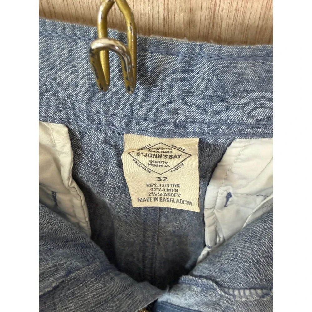 St. Johns Bay Mens Blue Cotton Linen Blend Flat Front Shorts Size 32